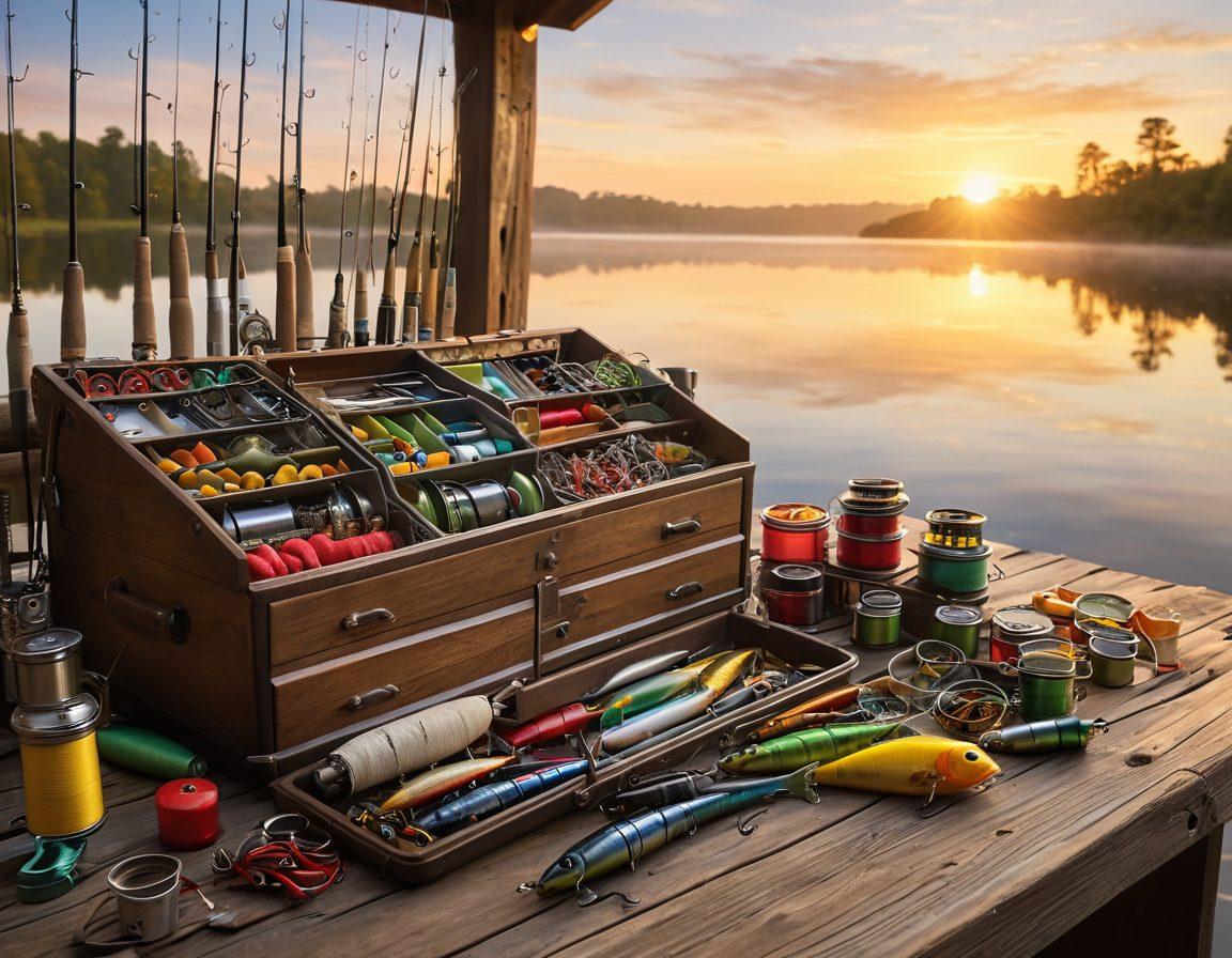 A detailed display of various fishing tackle and equipment laid out on a rustic wooden surface, including colorful lures, reels, rods, and tackle boxes. In the background, a scenic lake with a misty morning sunrise, creating a tranquil atmosphere. The image should showcase organization and variety, guiding viewers through essential fishing gear. super-realistic. natural colors. soft lighting.