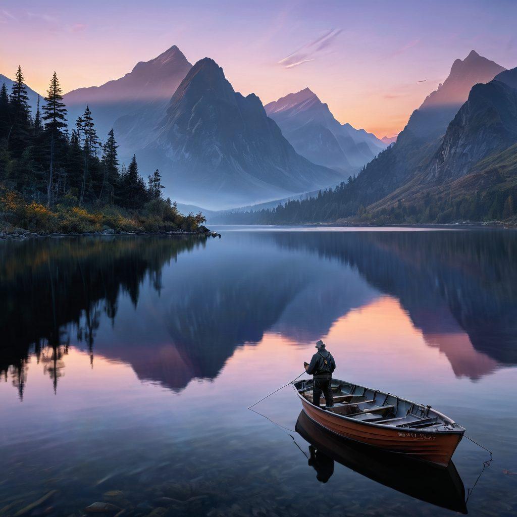 A serene scene capturing a fisherman standing on a tranquil lake at dawn, casting a line with mountains in the background, transitioning seamlessly to an open sea with a boat navigating the waves. Include various fishing gear like rods, tackle boxes, and a cool box filled with freshly caught fish. The sky is painted with warm hues of orange and purple, reflecting on the water’s surface, depicting the blend of lake and sea. super-realistic. vibrant colors. nature-centric.