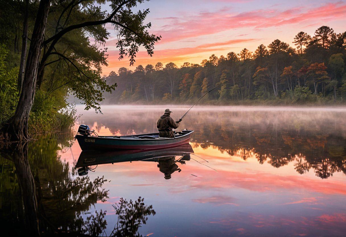 A tranquil lakeside scene at dawn, showcasing a skilled angler casting his line from a small fishing boat. Surrounding him are lush trees reflecting in the clear water, with a gentle mist rising off the surface. In the foreground, a variety of fishing gear and lures are artistically arranged, hinting at the techniques discussed in the blog. The sky is painted in warm pink and orange hues, adding to the serene atmosphere. super-realistic. vibrant colors. peaceful ambiance.